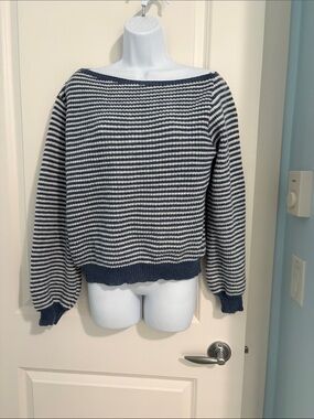 Source Unknown Navy and White Off-the-Shoulder Striped Sweater